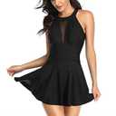 pnytoo Women's One Piece Swimdress Tummy Control V-Neck Mesh Ruched Bathing Suits High Waisted Monokini Swimsuits (Black S)