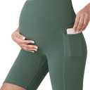 POSHDIVAH Women's Maternity Yoga Shorts Over The Belly Bump Summer Workout Running Active Short Pants with Pockets 5"/8" (Large, Crab Green 8")