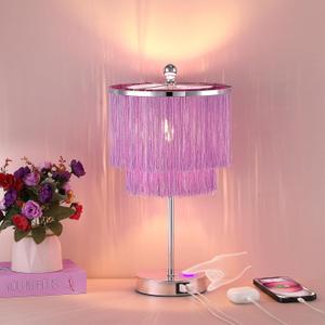 Lovlast Girls Table Lamp with Tassel Lampshade, 3 Way Dimmable Touch Bedside Purple Lamp with USB C + A Ports, Lavender Nightstand Lamp for Girls Bedroom, Living Room, Office, LED Bulb Included, Purple