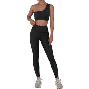 Fisoew Workout Sets for Women 2 Piece High Waisted Leggings with One Shoulder Stretchy Sports Bra Gym Tracksuits Large