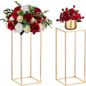 Nuptio Wedding Centerpieces Gold Vases: 2 Pcs 23 inch Tall Flower Stand Metal Floor Vase Column Geometric Centerpiece Stands Rectangular Display Rack for Weddings Party Decoration