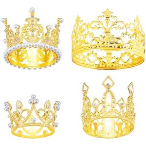 Jetec 4 Pcs Mini Crown Cake Topper Flower Bouquets Accessories, Metal Rhinestone Princess Tiara, Royal Decor for Baby Shower, Wedding, Birthday & Pets(Gold,Classic Style)