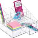 iDesign Linus Plastic Tiered Divided Desk Organizer with Drawers for Storage of Office and School Supplies, Makeup, Accessories on Vanity, Countertop, or Cabinet, 7.5" x 10" x 6.5" - Clear