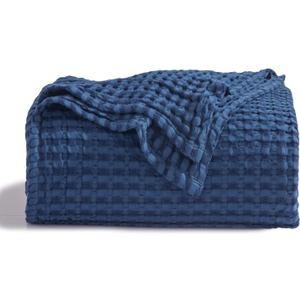 Bedsure Cooling Cotton Waffle Weave Blanket - Lightweight Breathable Blanket of Rayon Derived from Bamboo for Hot Sleepers, Luxury Throws for Bed, Couch and Sofa, Navy, 50x70 Inches