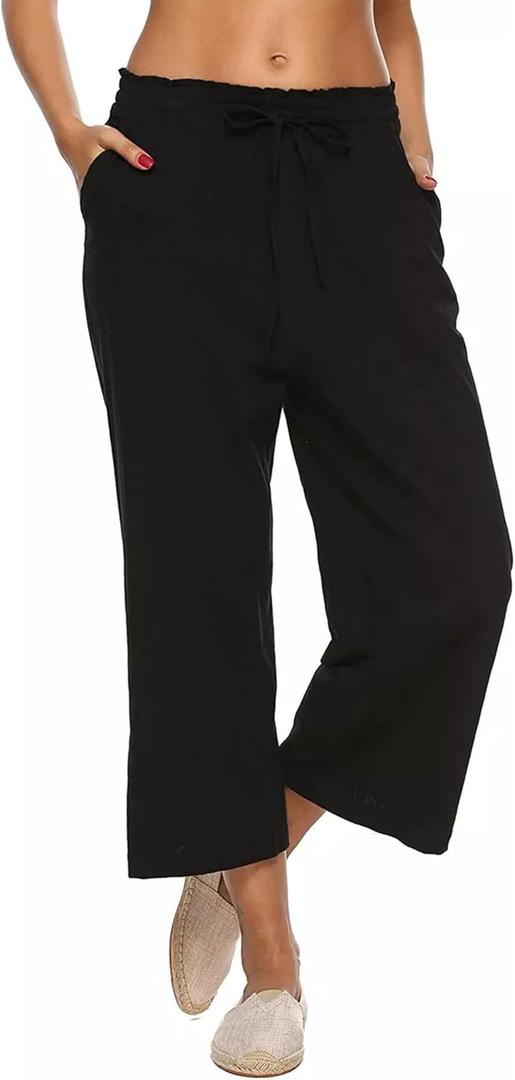 LNX Womens Linen Pants High Waisted Wide Leg Drawstring Casual Loose Trousers with Pockets (4X-Large, Black)