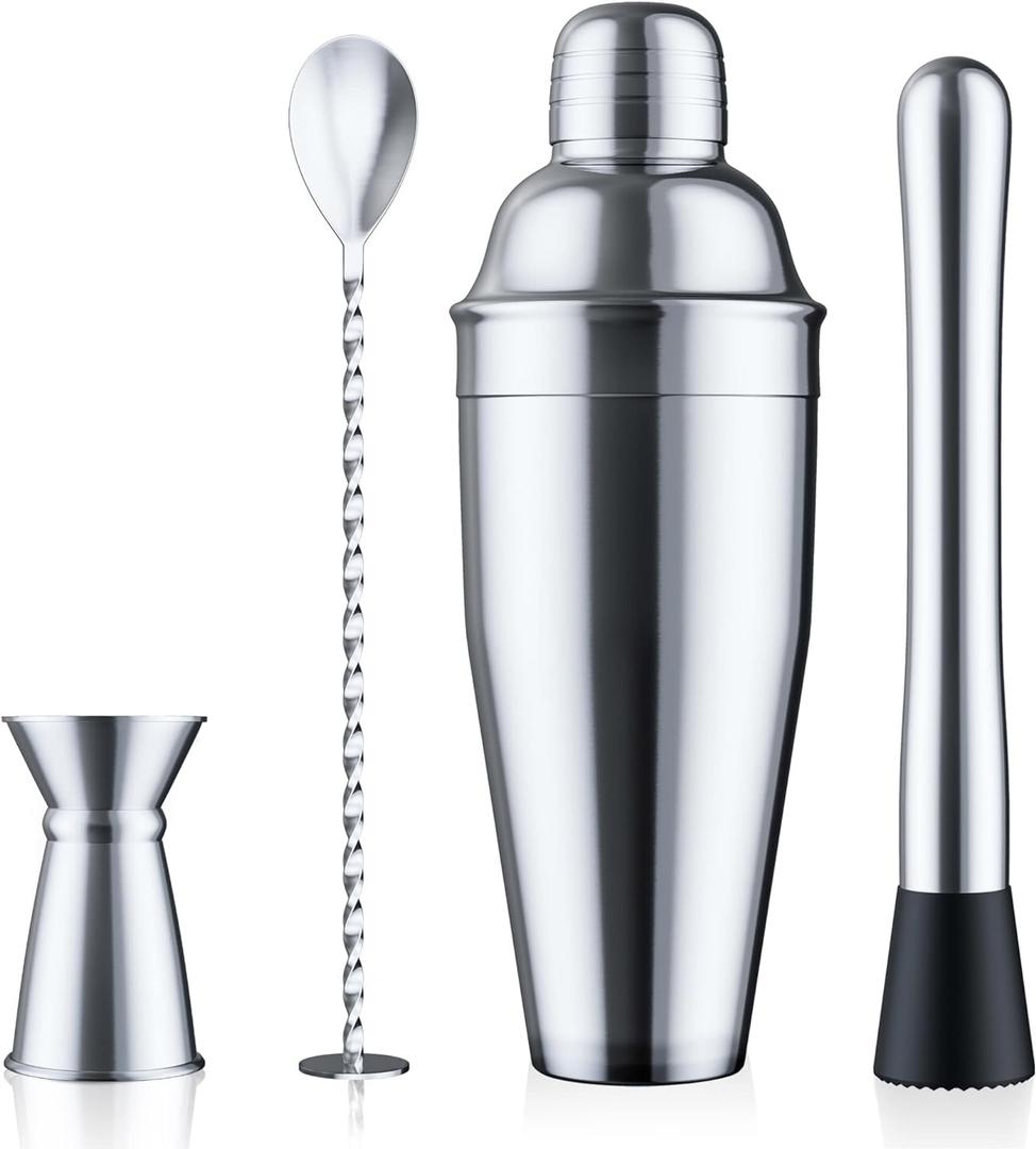 24oz Cocktail Shaker Set - Martini Shaker w Built-in Drink Shaker Strainer, Muddler, Jigger, Mixing Spoon, Recipe Book for Bartending - Bar Shaker/Alcohol Shaker