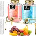 Lallisa 2 Pcs 2 Gallon Glass Drink Dispenser with Stand Ice Cylinder Hanging Chalkboard Signs 18/8 Stainless Steel Spigot Beverage Dispensers for Parties Mason Jar Drink Lemonade (Gold)