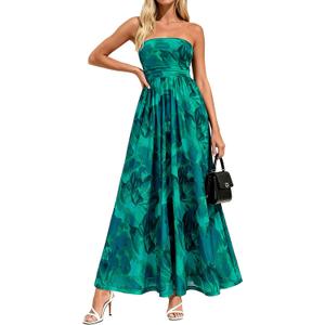 PRETTYGARDEN Women Strapless Maxi Dress 2026 Summer Floral Tube Top Ruched Beach Spring Wedding Guest Long Dresses (Small)