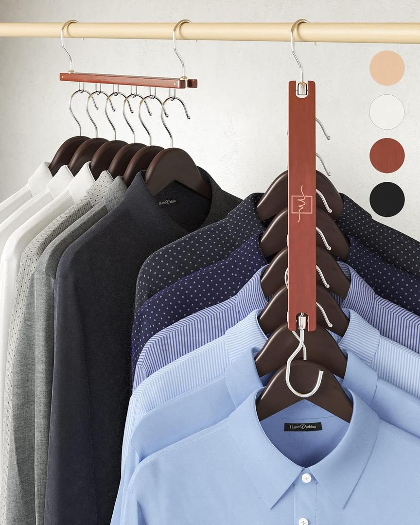 MORALVE Space Saving Hangers for Closet  4 Pack European Beechwood 6-Tier Shirt Organizer with 360 Swivel Hook  Collapsible Clothes Hanger for Closet Organization (Hangers Not Included) (Mahogany)