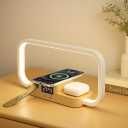 LED Bedside Lamp with Wireless Charger, 3 in 1 Touch Control Bedside Lamp, 5 Color Mode & Dimmable, Desk Lamps with Clock for Nightstand, Table Night Lamp for Bedroom, Gifts for Women, Men, Friends (Wood)