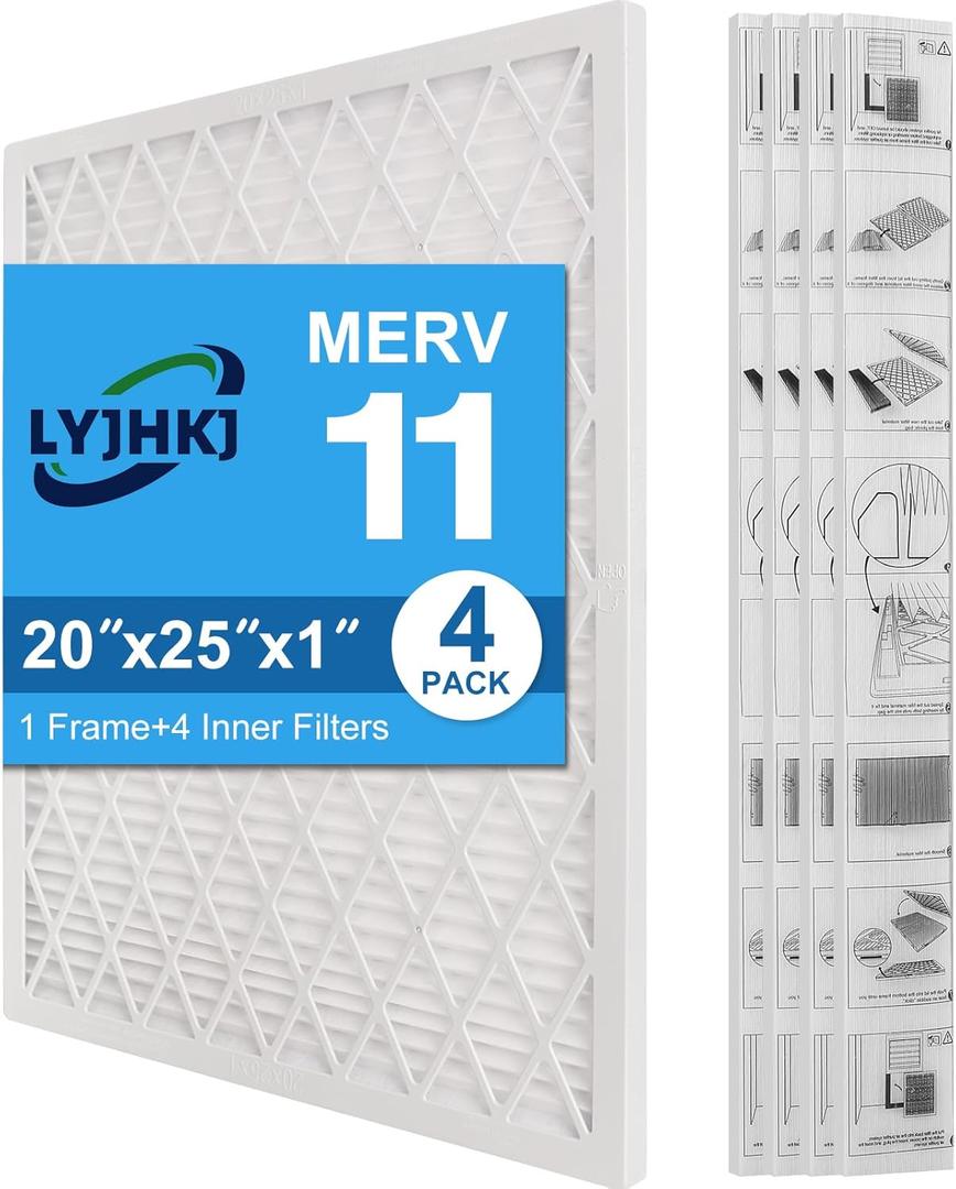 20x25x1 MERV 11 Air Filter, Quality AC/HVAC Furnace Filter1 Reusable ABS Frame + 4 Pack Replaceable Filter MediaBreathe Fresher and Cost-effective