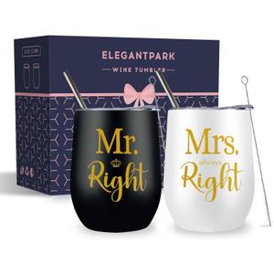 ELEGANTPARK Wedding Gifts for Couple Mr and Mrs Gifts Gift for Bride and Groom Cups Engagement Newlyweds Valentines Anniversary Mugs His & Hers Stainless Steel Wine Tumbler with Lid and Straw 12 OZ