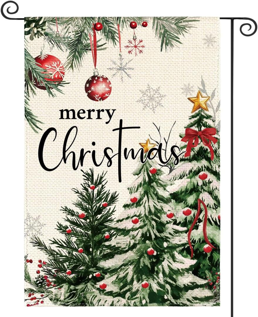 AVOIN colorlife Evergreen Christmas Tree House Flag 28x40 Inch Double Sided Outside, Merry Christmas Winter Holiday Yard Outdoor Flag