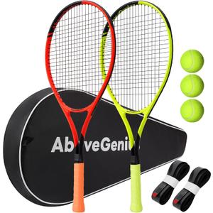AboveGenius Neon Tennis Rackets 2 Pack for Adults- 27" Lightweight Aluminum Tennis Racquet Set with 3 Balls & Bag- Vibrant High-Visibility Matte Finish for Men Women Beginners