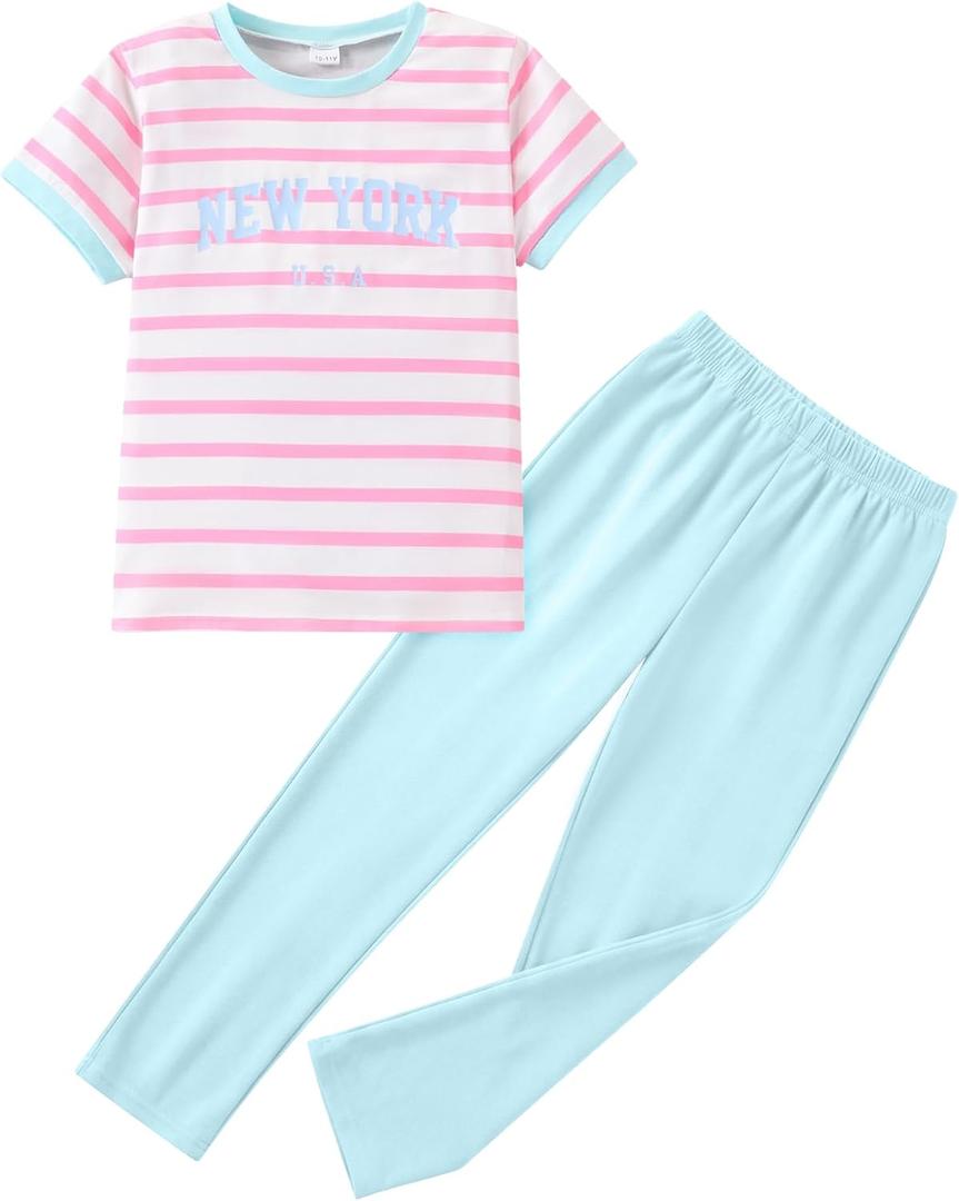 Tween Girls Clothes 2 Piece Outfits Bow Short Sleeve Tops and Leopard Print Flare Pants Summer Set