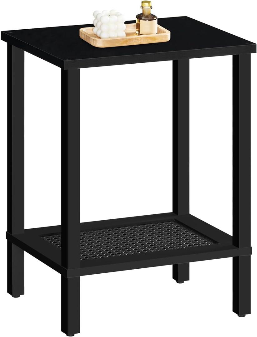 HOOBRO End Table, Small Side Table with 2-Tier Storage Shelves, Nightstand with Faux Rattan Decoration, for Small Space, Living Room, Bedroom, Black BK91BZ01