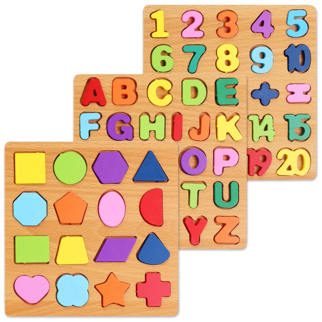 Alphabet Wooden Puzzles for Toddlers 35, Pack of 3 ABC, Number and Shape Puzzle, Preschool Educational Learning Toys with Puzzle Board & Letter Blocks for Girls Boys Ages 3 4 5 Years Old