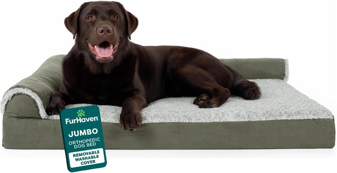 FurHaven Orthopedic Dog Bed for Large Dogs, L-Shaped Chaise Mattress with Orthopedic Egg Crate & Solid Orthopedic Foam Base for Joint Support, Washable Cover, Jumbo XL, Faux Fur & Suede, Dark Sage