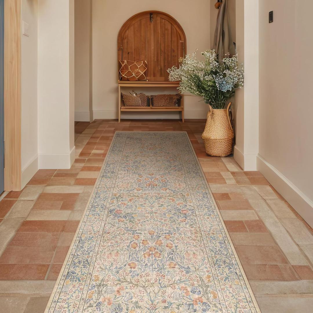 Beige Blue Washable 2x8 Runner Rug for Bathroom, Hallway, Kitchen, Non-Slip & Stain Resistant 8ft Long Entryway Floor Rug, Retro Boho Floral Dcor
