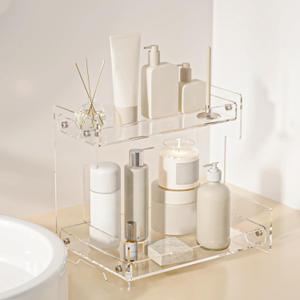 Bathroom Counter Organizer Countertop 2 Tier Storage Acrylic Corner Makeup Organizer for Perfume Stand, Vanity Holder, Dresser Tray, Spice Rack, Skincare, Coffee Bar, Room Decor (Clear) (11.4" x 8.2" x 10.2")