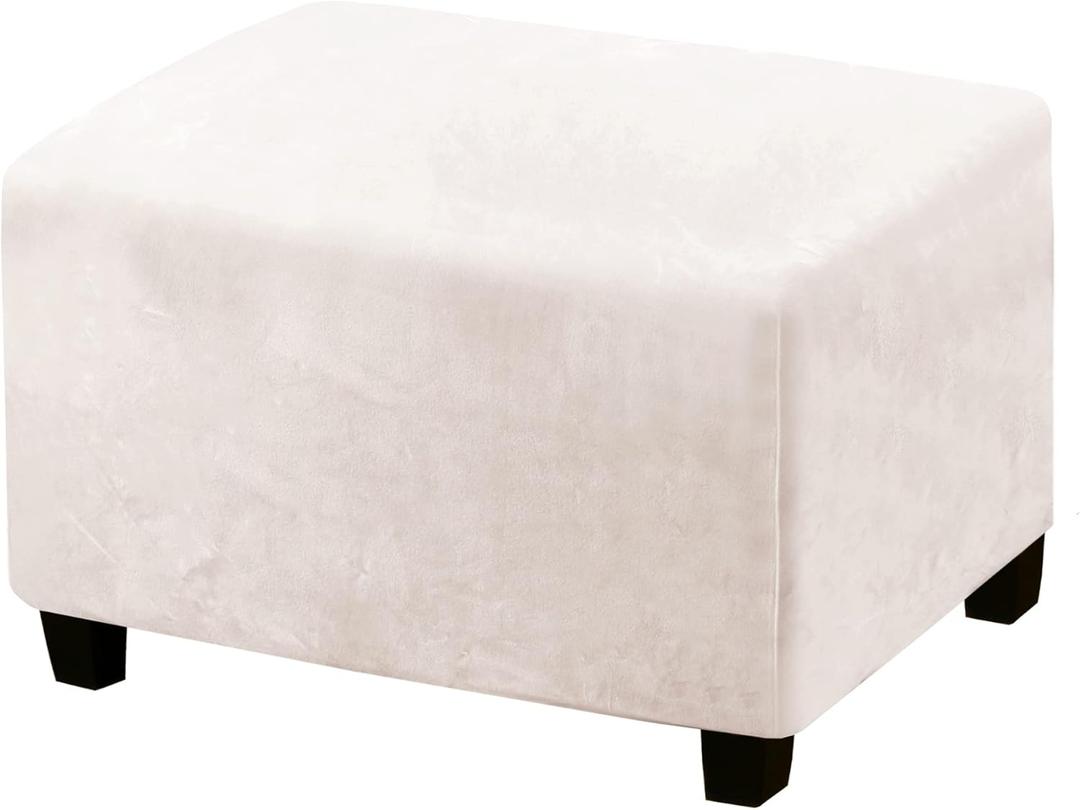 PrinceDeco Real Velvet Plush Ottoman Cover Soft Rectangle Folding Storage Covers Furniture Protector Removable Footstool Protect Footrest Covers Elastic Bottom(Large, Ivory)