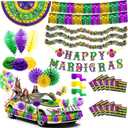 HOWAF 42pcs Mardi Gras Float Parade Car Decorations Kit, Purple Green Gold Mardi Gras Party Bicycle Decoration Bulk- Fan Flags Balloons Foil Curtain Tinsel Garlands Paper Fans Poms Feather