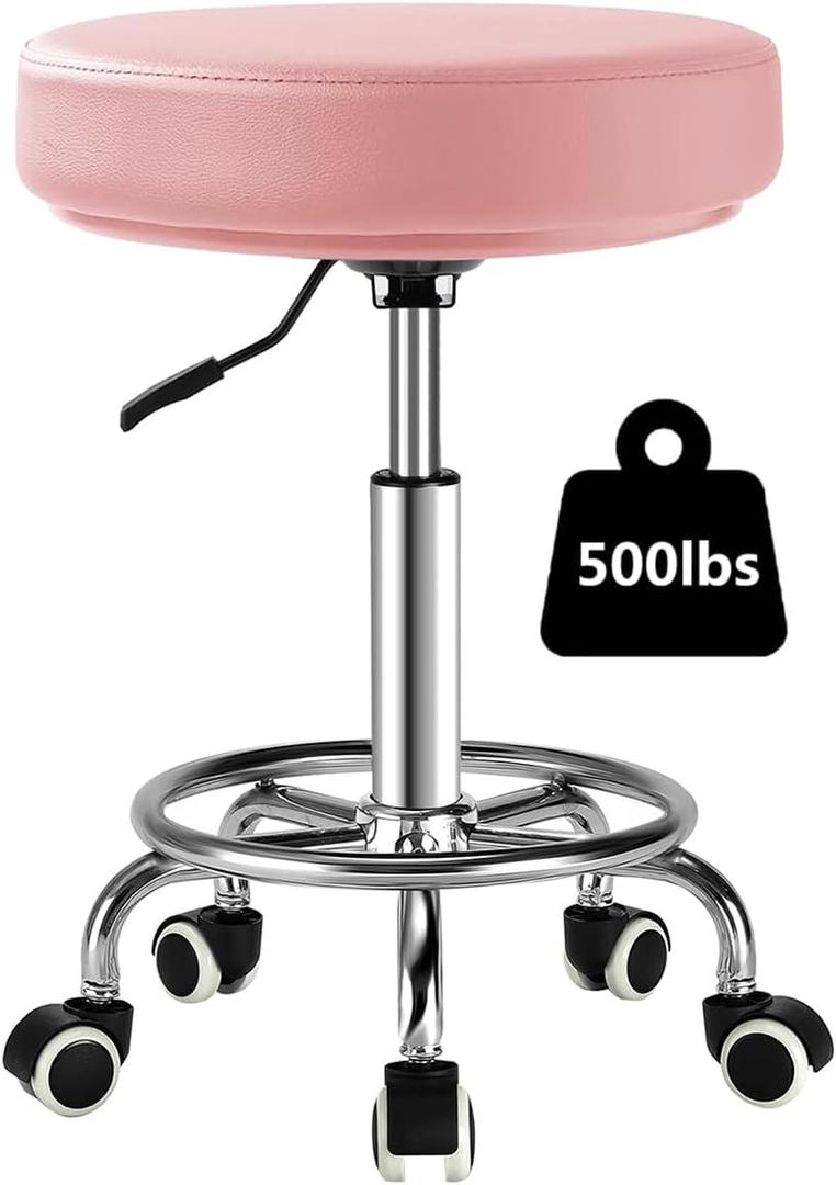 Adjustable Rolling Stool with Wheels Heavy Duty 500lb Round RollingStool with Footrest, Patent Leather Drafting Stool Chair with Wheels Work Spa Salon Seat, Pink