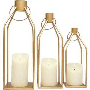 Lanterns Decorative Tall Large Gold Metal Candle Lanterns Set of 3- Modern Farmhouse Decor for Indoor,Outdoor,Tabletop,Porch (No Glass NO Candles)