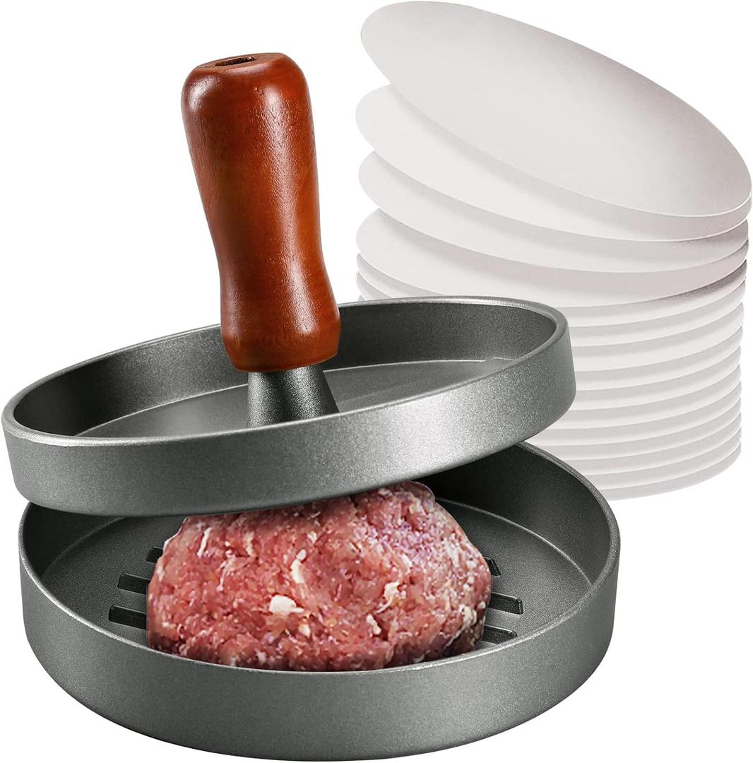 PIQUEBAR Burger Press Patty Maker Stainless Steel Hamburger Patty Press Mold Wood Handle Non-Stick with 100 Patty Papers