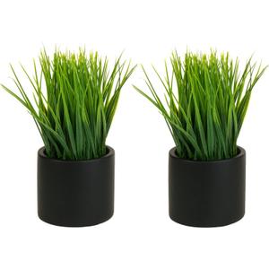 MyGift Tabletop Artificial Grass Plants Decorative Faux Greenery Plant Potted in Modern Cylindrical Black Cement Pots, Set of 2