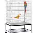 Daoeny Bird Cage Seed Catcher, Large Bird Cage Cover, Adjustable Soft Airy Nylon Mesh Net, Birdcage Cover Skirt Seed Guard for Parrot Parakeet Macaw African Round Square Cages (White)