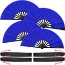 Blulu 4 Pcs Large Folding Fans Bulk with 4 Fan Sleeves, Chinese Kung Fu Hand Clack Rave Fans for Line Dancing, Festival, Party Decor and Performance(Classic Style,Royal Blue,13 Inch)