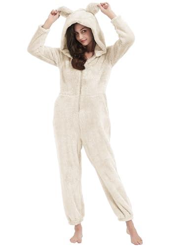 COZYPOIN Womens Fleece Onesies Pajamas Fuzzy Sherpa Adult Hooded One Piece Onesie Winter Romper Flannel Loungewear Sleepwear(Beige-M)