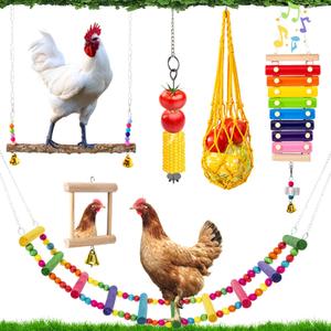 7pcs Chicken Toys for Coop Accessories - Chicken Xylophone Toy, Chicken Mirror, Chicken Ladder Bridge, Coop Swing, Vegetable Hanging Chicken Feeder, Chewing Foraging Toys, Gifts for Hens