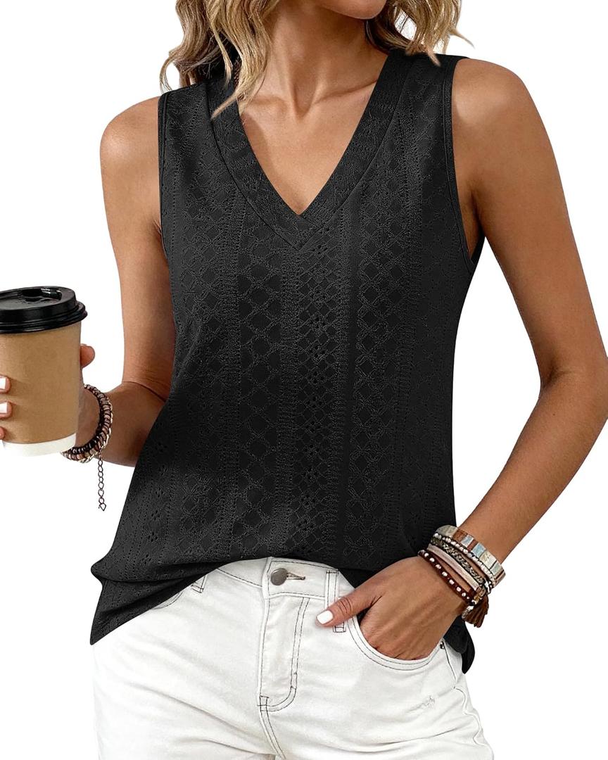 BTFBM Womens Tank Tops 2026 Summer Casual Loose Eyelet V Neck Sleeveless Shirts Basic Spring Top Beach Vacation Clothes (Large, Black)