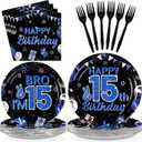 Grencian 96Pcs 15th Birthday Party Decorations for Boys Blue and Black 15th Birthday Plates Disposable Official Teen 15 Tableware for Teen Boy Im 15 Bro 15 Years Old Halloween Party Serves 24