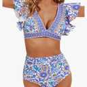 Women Ruffle High Waisted Swimsuit Two Piece Tropical Print Swimsuit Push Up Bathing Suit, M