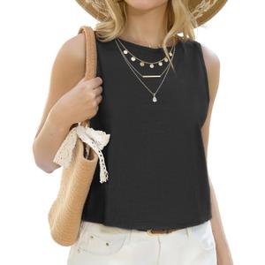 Linen Shirts for Women Summer Cute Sleeveless Crop Button Down Tank Tops Blouses Clothes (XXL, Black)