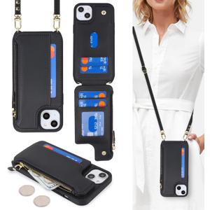Cavor for iPhone 15 Plus Wallet Case with Card Holder for Women, for iPhone 15 Plus Case with Strap,Crossbody Lanyard and Wristlet Zipper Pocket Phone Cover-Black
