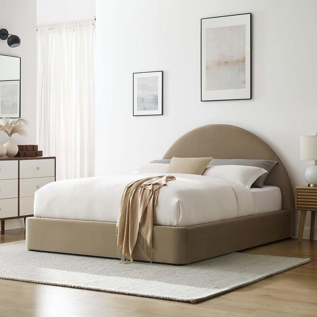 Modway Resort Queen Size Platform Bed with Arch Shaped Round Headboard in Taupe, Upholstered Velvet Bed Frameain-Resistant Performance Velvet, Soft Cloud Bed Frame, No Box Spring Needed