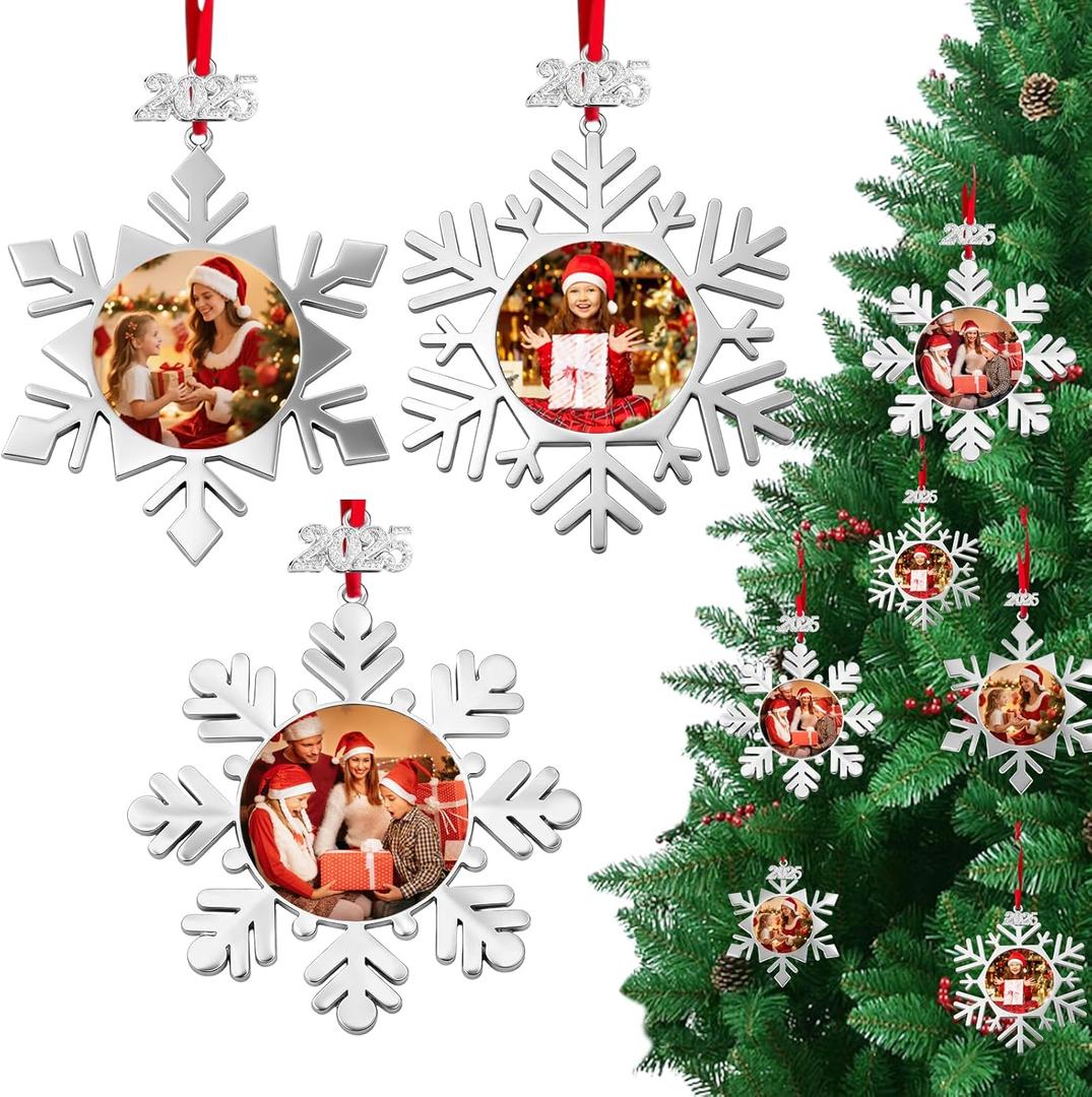 FUNID 12 Sets 2025 Metal Christmas Photo Frame Ornaments Silver Snowflake Frames Hanging Ornament with Pendant Red Ribbon for Christmas Tree Home Winter Party Decorations
