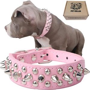 TEEMERRYCA Adjustable Leather Spiked Studded Dog Collars with a Squeak Ball Gift for Medium Large Pets Like Cats/Pit Bull/Bulldog/Pugs/Husky, Pink, M(12"-15")