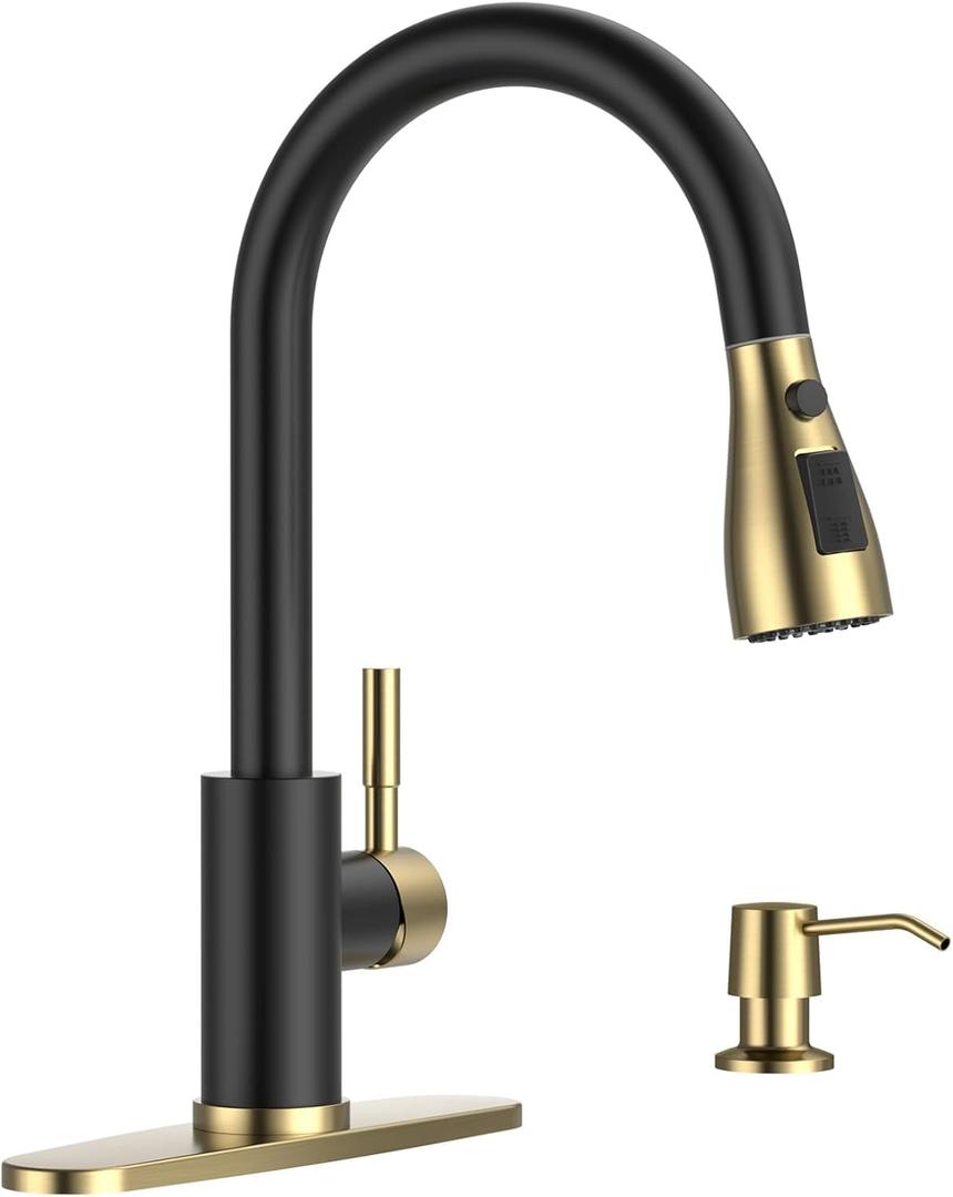 APPASO Black and Gold Kitchen Faucet, Stainless Steel Kitchen Sink Faucets with Soap Dispenser and Pull Down Sprayer 3 Modes, High Arch Single Handle Matte Black with Deck Plate for 1 to 4 Holes Sink