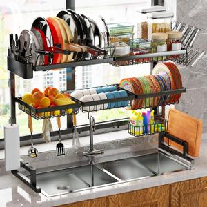 Over Sink Dish Drying Rack (Expandable Height/Length) (31-39.5L x 12W x 34-38H inches) Snap-On Design Large Dish Drainer Storage Counter Organizer