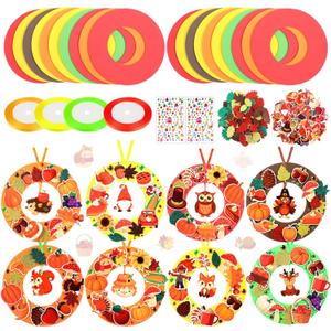 Capoda 24 Set Thanksgiving Crafts for Kids, Thanksgiving Wreath Craft Kits Fall DIY Foam Hanging Craft Ornaments with Woodland Animal Turkey Stickers for Classroom Family Give Thanks Party Favors