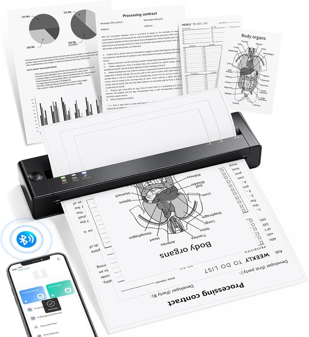 TATTMUSE Portable Printers Wireless for Travel, Inkless Thermal Printer Small Bluetooth for Home Use, Support, 8.5" X 11" US Letter Size, Compatible with iPhone Laptop, Wide Format & Plotter Printers (Black)