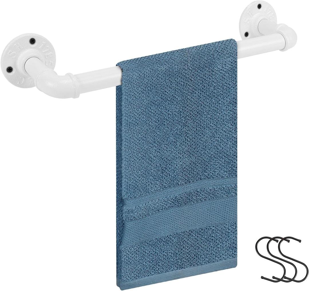 Jeasor Industrial Pipe Towel Rack Towel Bar, Heavy Duty Wall Mounted Rustic Farmhouse Bath Towel Holder for Bathroom (White, 12 inch)