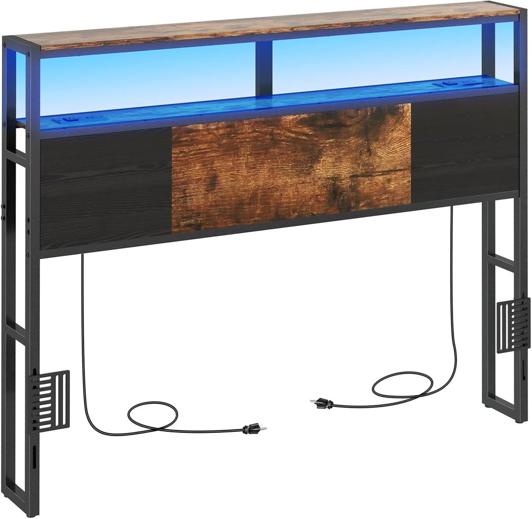 Livofloral Full Size Headboard, Headboards with Charging Station, USB Port and LED Light, Head Board with 2-Tier Storage Shelf, Adjustable Height, Easy Assembly, Sturdy and Stable, Rustic Brown