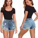 LIZENS Body Suits for Womens Tummy Control Short Sleeve Scoop Neck Ribbed Casual Stretchy Basic T Shirt Bodysuit Tops (Black, XS)