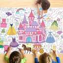 Princess Coloring Tablecloth for Kids, Giant 30x72 Inch Poster with Castles, Crowns, Fairy Tale Icons, Perfect for Girls Princess Party Games, Royal Decorations, Celebration Supplies
